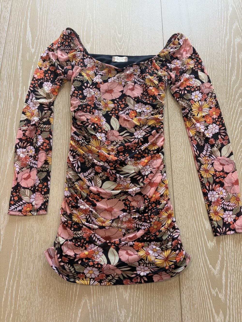 Altar'd State Bodycon Mini Dress Women Small Black Floral Mesh Long Sleeve